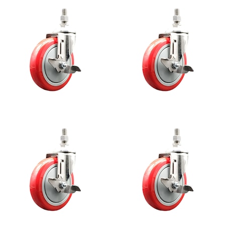 Service Caster 5 Inch 316SS Red Polyurethane Swivel 1/2 Inch Threaded Stem Caster Set Brake SCC SS316TS20S514-PPUB-RED-TLB-121315-4